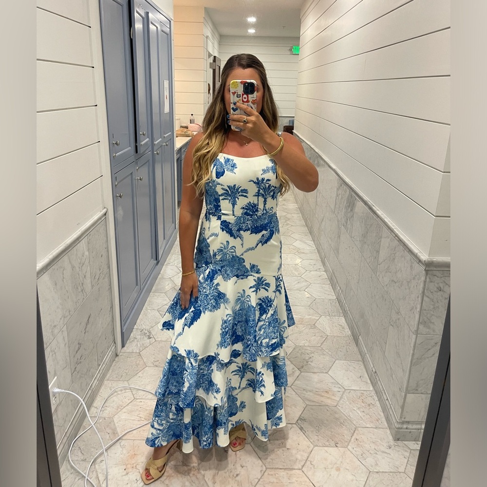 Mestiza New York Torero Palm Toile Print Tiered Ruffled Maxi Dress